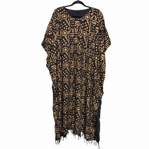 VTG 80s 90s BLACK GOLD AFRICAN PRINT KAFTAN MU MU HOUSE DRESS MAGIC PLUS SZ OS